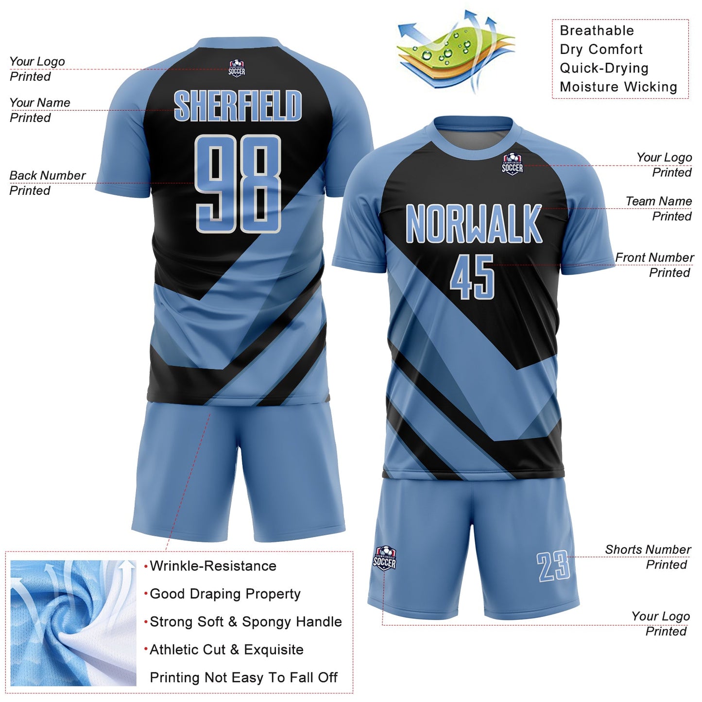 Custom Light Blue Black-White Arrow Shapes Sublimation Soccer Uniform Jersey - Sky-Custom