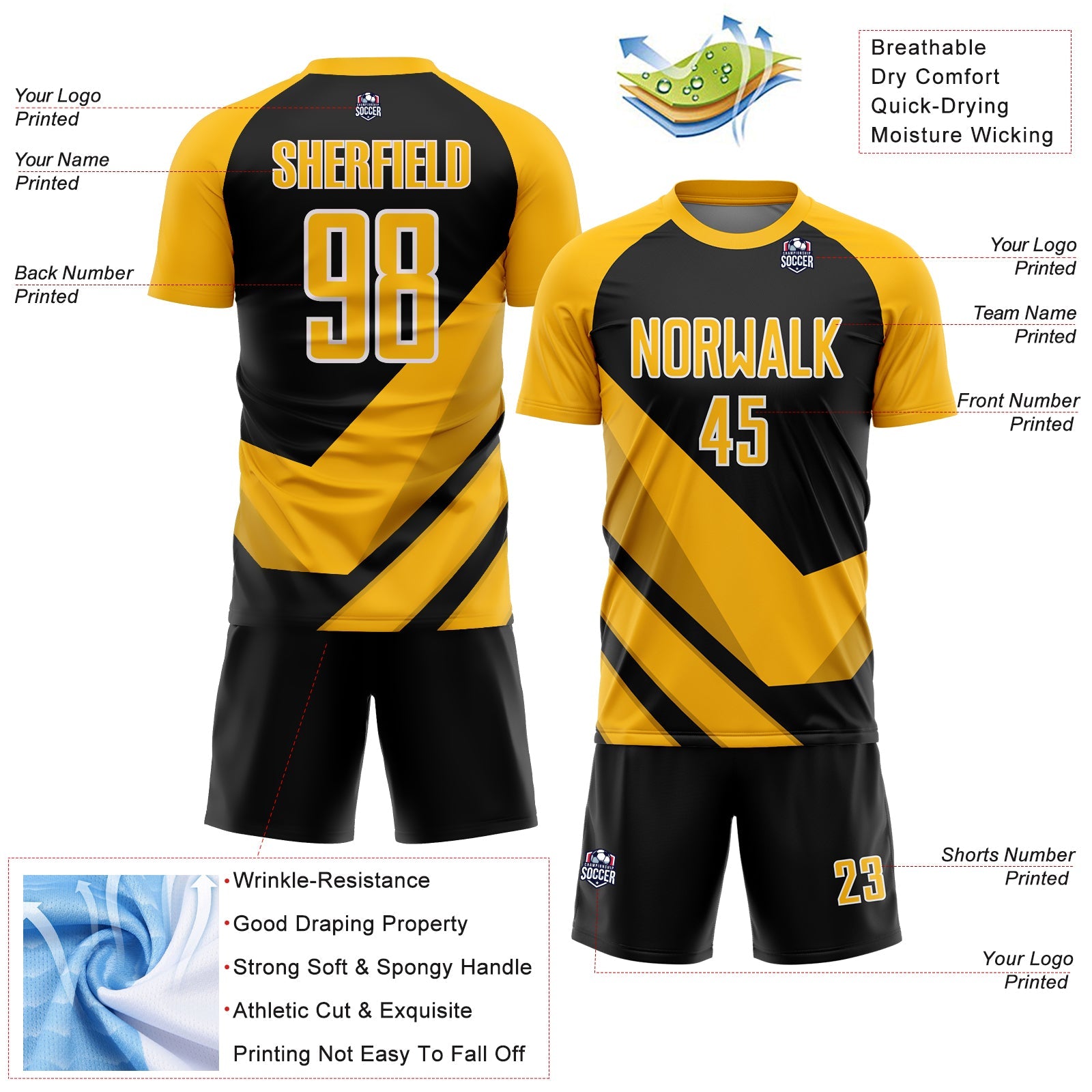 Custom Gold Black-White Arrow Shapes Sublimation Soccer Uniform Jersey - Sky-Custom