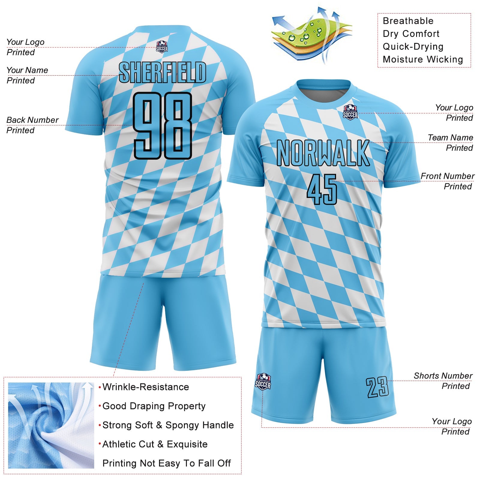 Custom White Sky Blue-Black Bavarian Flag Sublimation Soccer Uniform Jersey - Sky-Custom
