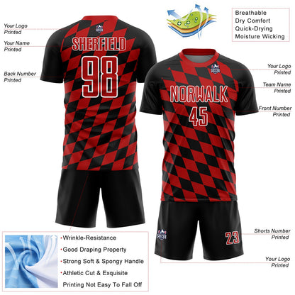 Custom Black Red-White Rhombus Print Sublimation Soccer Uniform Jersey - Sky-Custom
