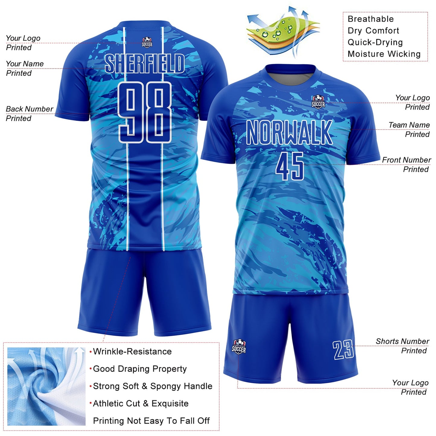 Custom Thunder Blue Sky Blue-White Abstract Fluid Sublimation Soccer Uniform Jersey - Sky-Custom