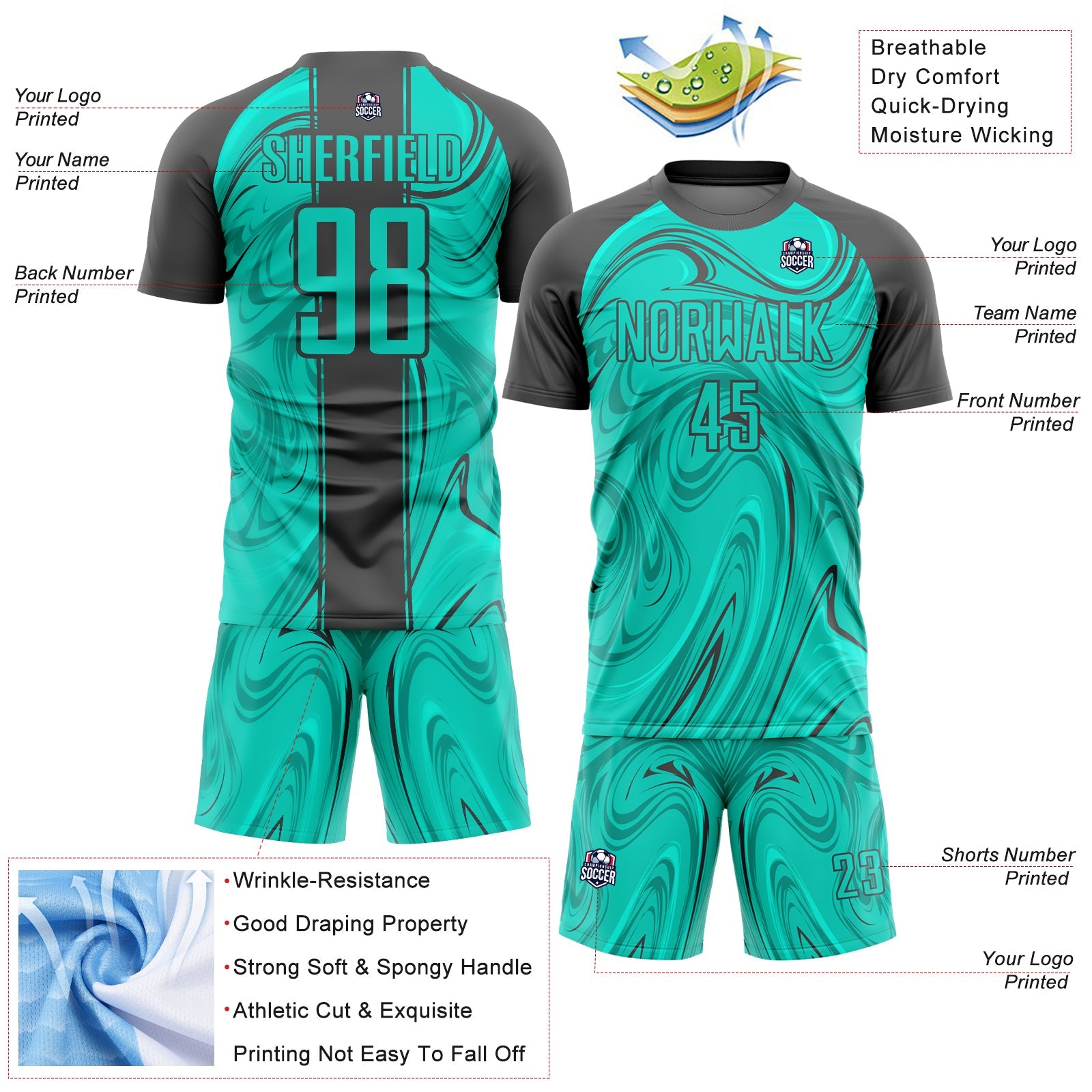 Custom Aqua Steel Gray Abstract Fluid Sublimation Soccer Uniform Jersey - Sky-Custom