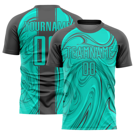 Custom Aqua Steel Gray Abstract Fluid Sublimation Soccer Uniform Jersey - Sky-Custom