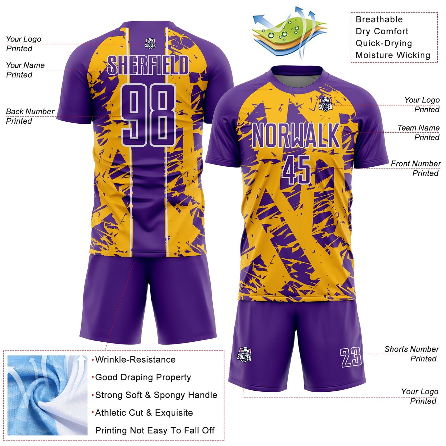 Custom Purple Gold-White Irregular Shapes Sublimation Soccer Uniform Jersey - Sky-Custom
