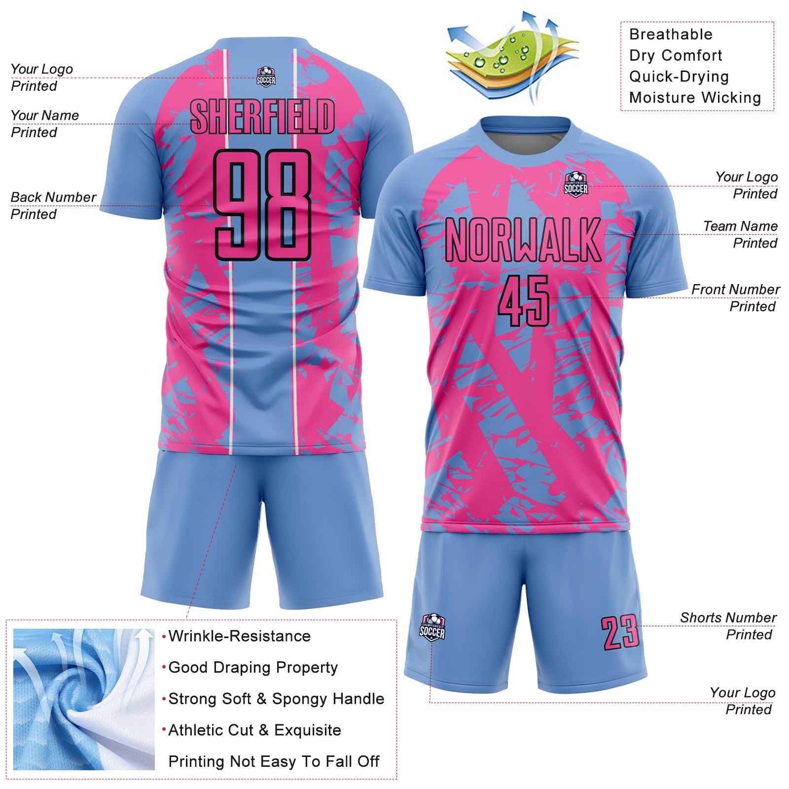 Custom Light Blue Pink-White Irregular Shapes Sublimation Soccer Uniform Jersey - Sky-Custom