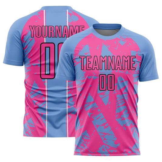 Custom Light Blue Pink-White Irregular Shapes Sublimation Soccer Uniform Jersey - Sky-Custom