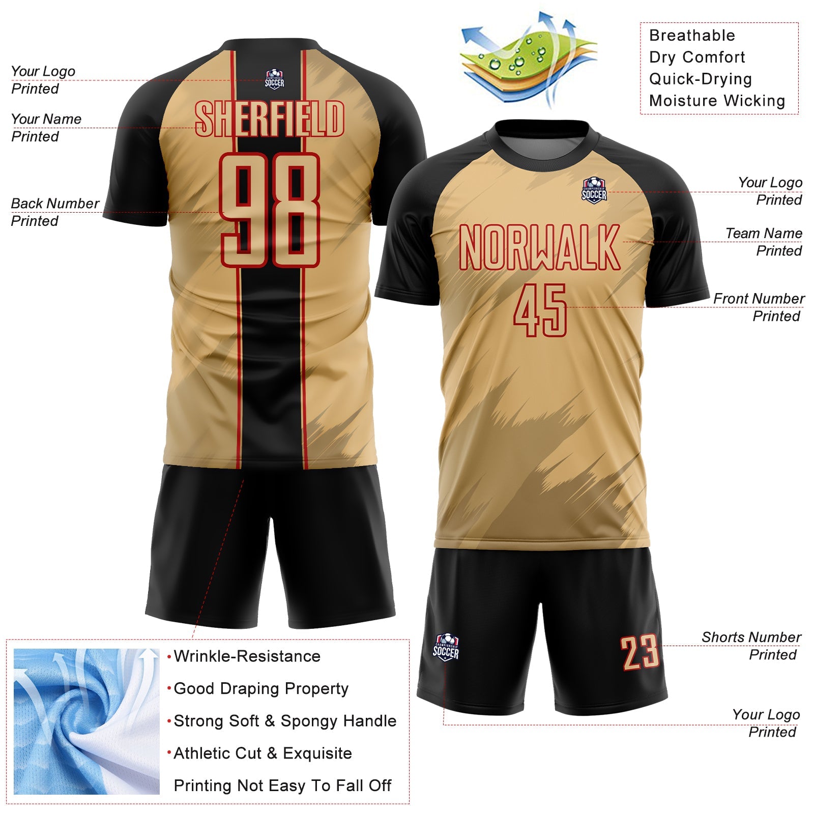 Custom Old Gold Black-Red Sharp Shapes Sublimation Soccer Uniform Jersey - Sky-Custom