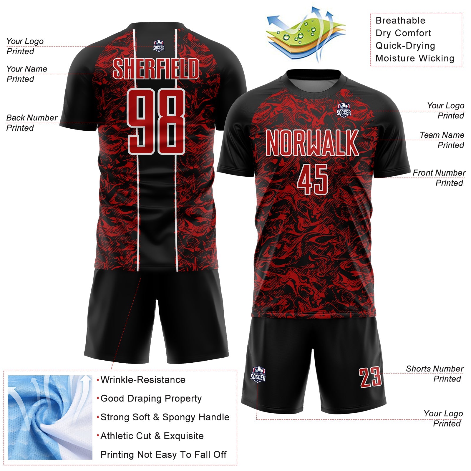 Custom Black Red-White Abstract Fluid Sublimation Soccer Uniform Jersey - Sky-Custom
