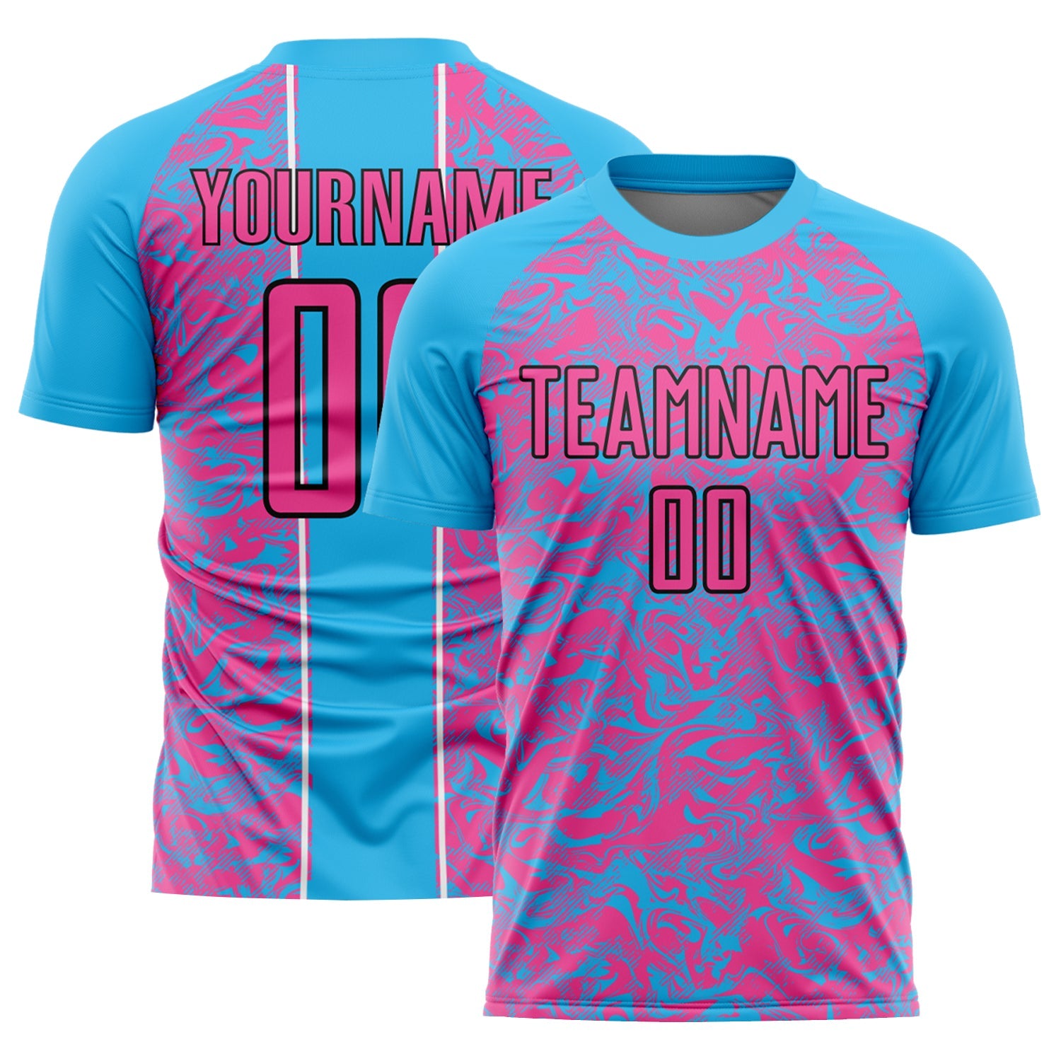 Custom Sky Blue Pink-Black Abstract Fluid Sublimation Soccer Uniform Jersey - Sky-Custom