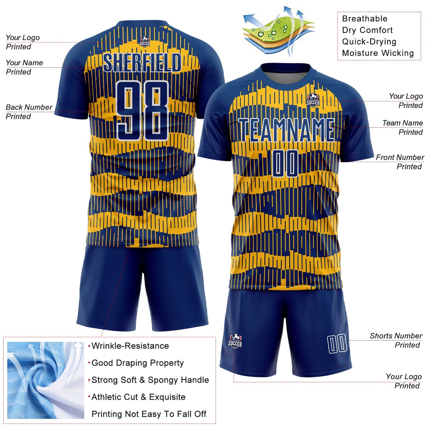 Custom Royal Gold-White Pinstripe Sublimation Soccer Uniform Jersey - Sky-Custom