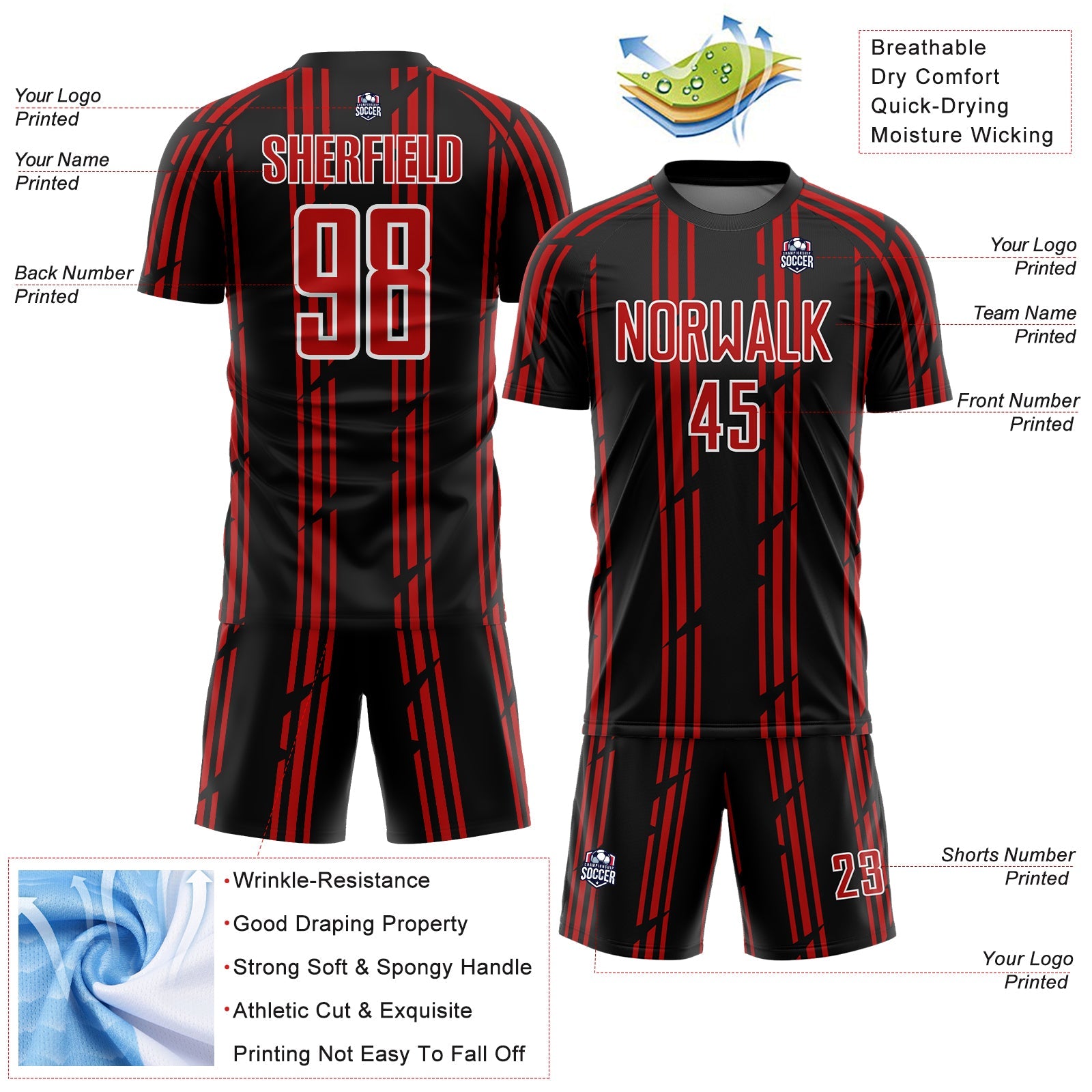 Custom Black Red-White Pinstripe Sublimation Soccer Uniform Jersey - Sky-Custom