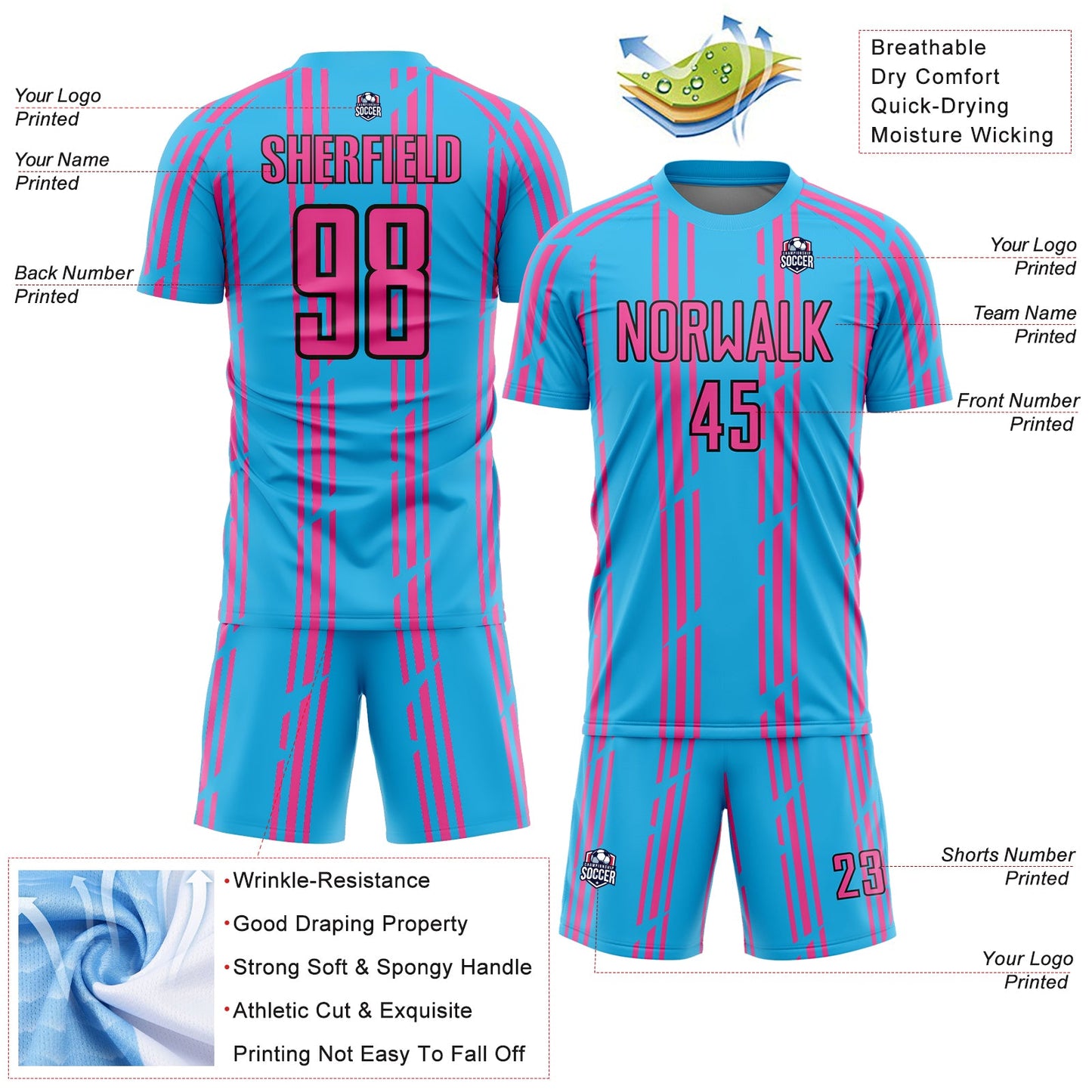 Custom Sky Blue Pink-Black Pinstripe Sublimation Soccer Uniform Jersey - Sky-Custom