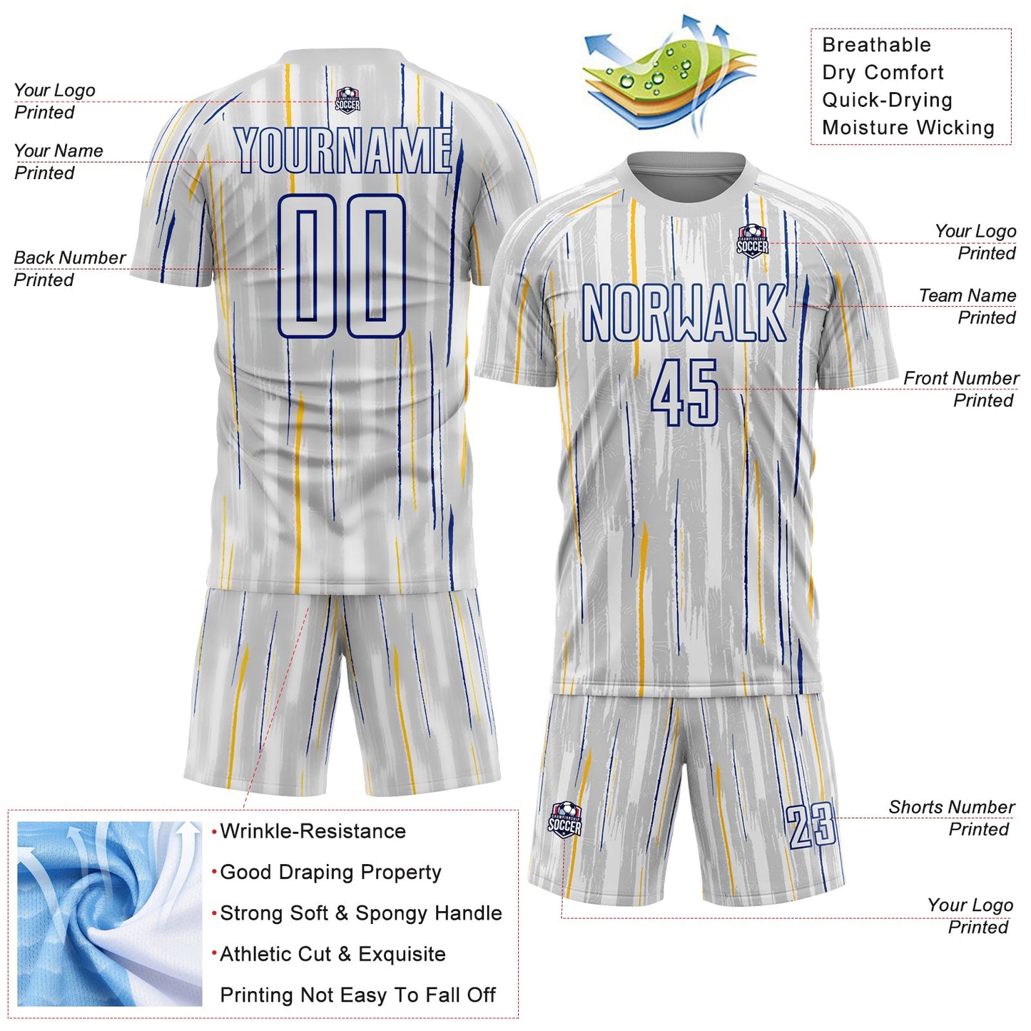 Custom Gray White-Royal Pinstripe Sublimation Soccer Uniform Jersey - Sky-Custom