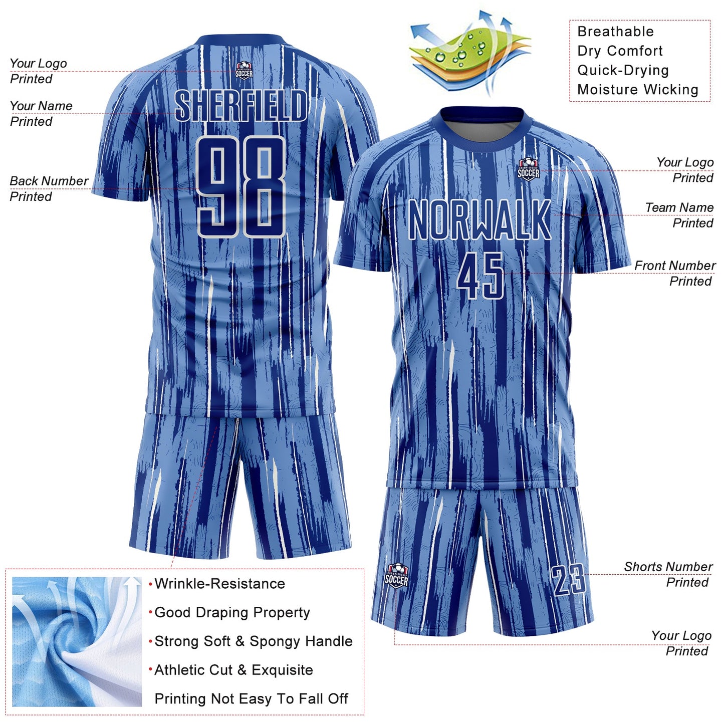 Custom Light Blue Royal-White Pinstripe Sublimation Soccer Uniform Jersey - Sky-Custom