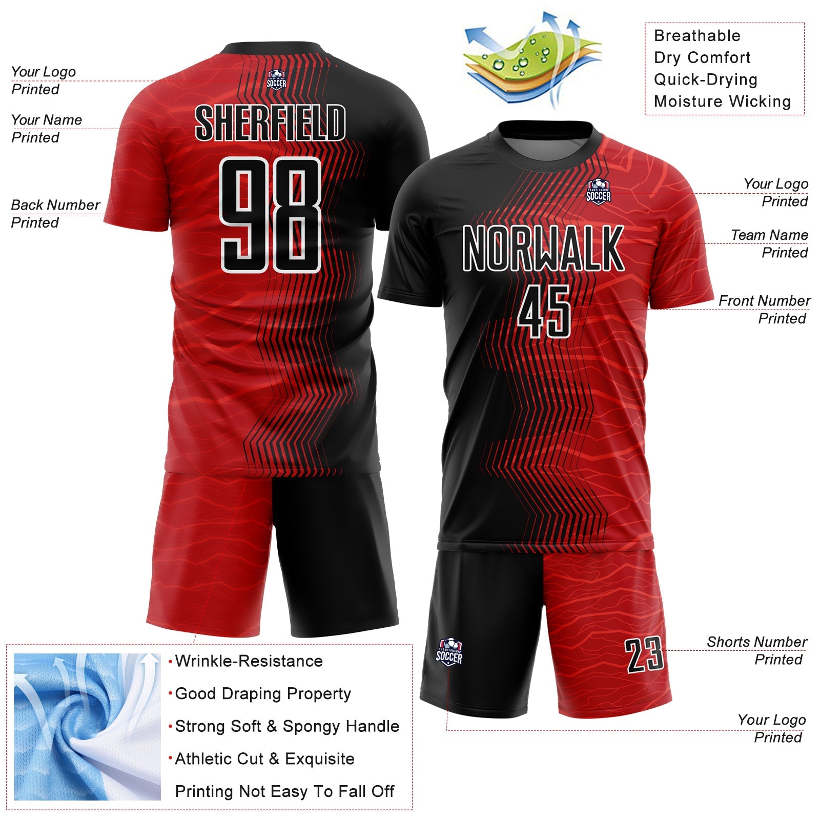 Custom Red Black-White Gradient Arrow Sublimation Soccer Uniform Jersey - Sky-Custom