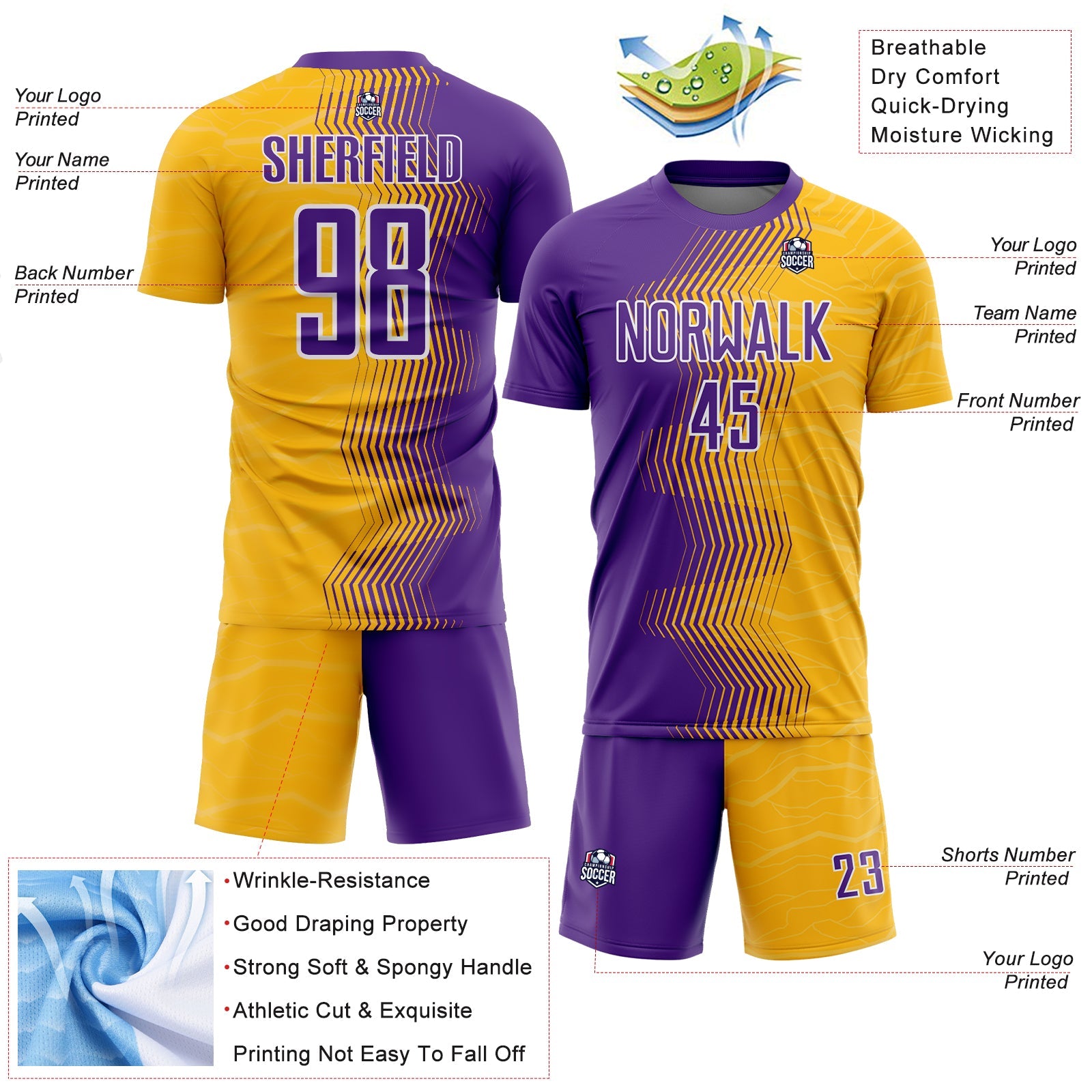 Custom Gold Purple-White Gradient Arrow Sublimation Soccer Uniform Jersey - Sky-Custom