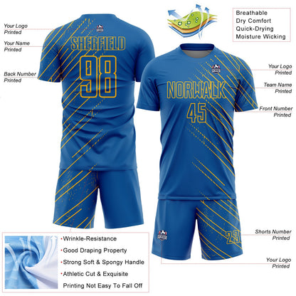 Custom Blue Gold Lines Sublimation Soccer Uniform Jersey - Sky-Custom
