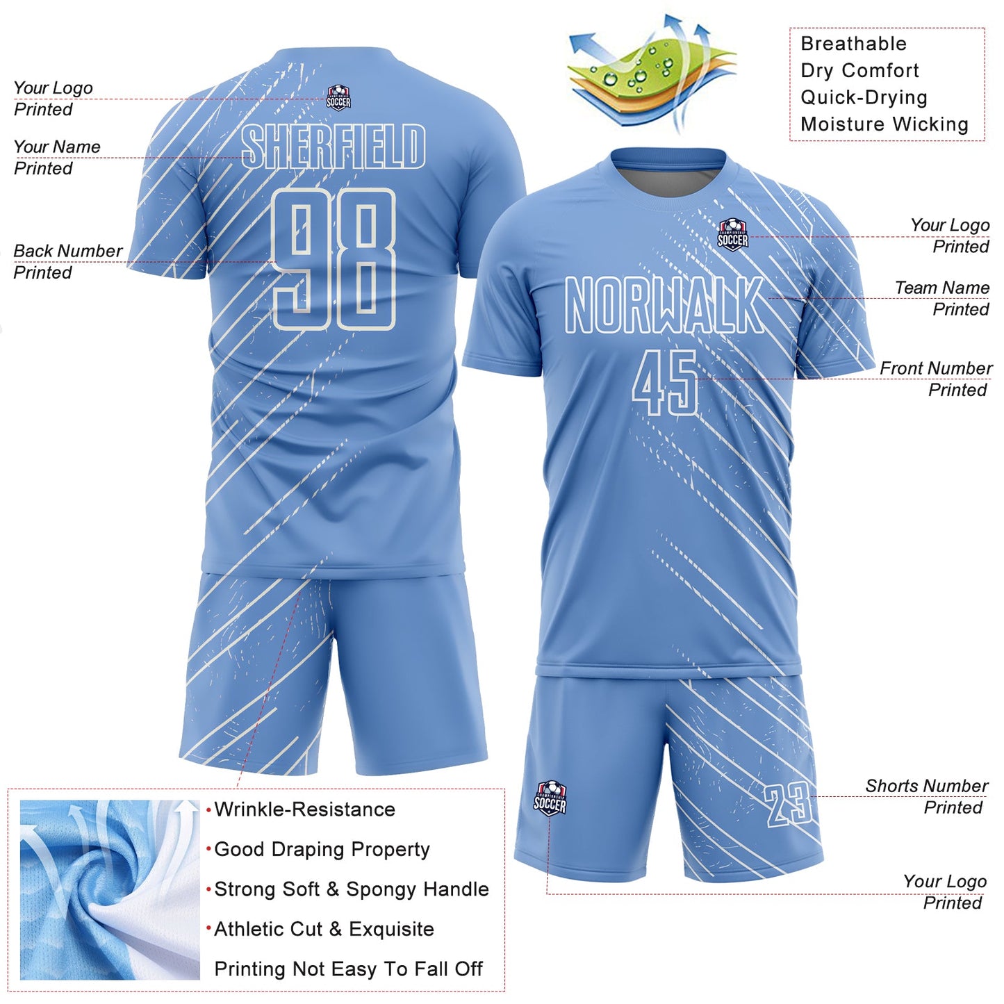 Custom Light Blue White Lines Sublimation Soccer Uniform Jersey - Sky-Custom