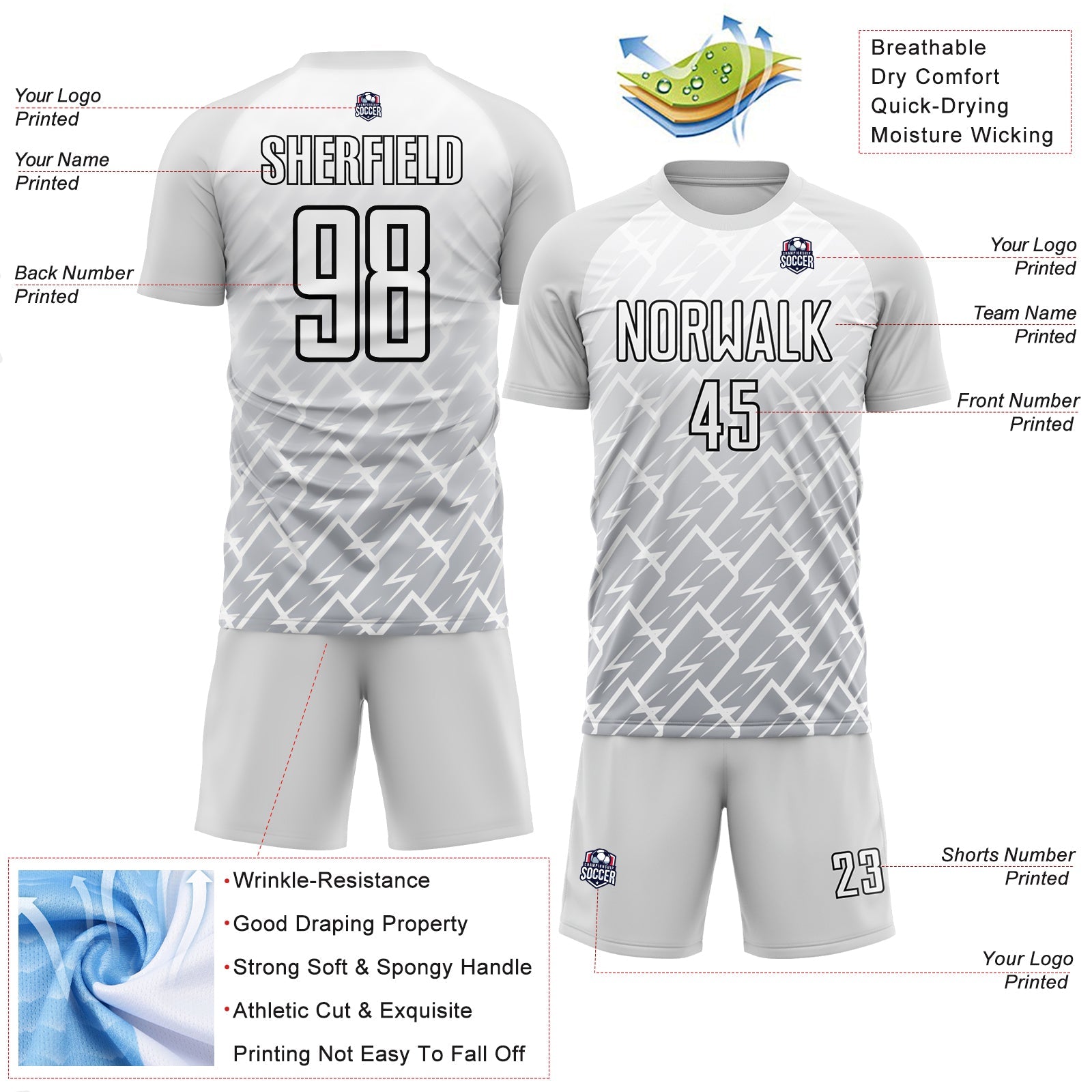 Custom White Gray-Black Lightning Sublimation Soccer Uniform Jersey - Sky-Custom