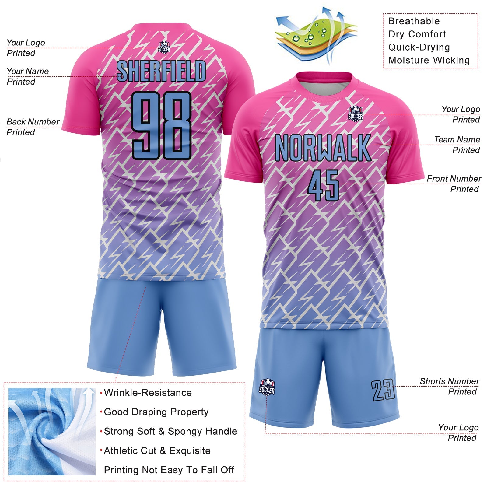 Custom Pink Light Blue-Black Lightning Sublimation Soccer Uniform Jersey - Sky-Custom