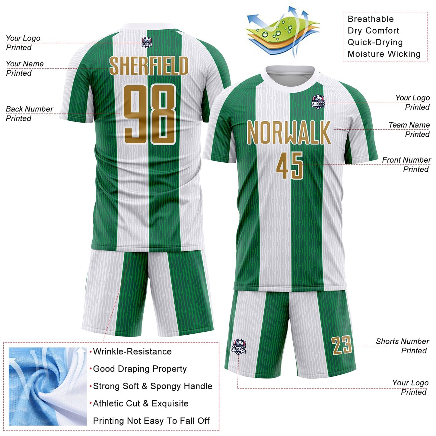 Custom White Old Gold-Kelly Green Sublimation Soccer Uniform Jersey - Sky-Custom