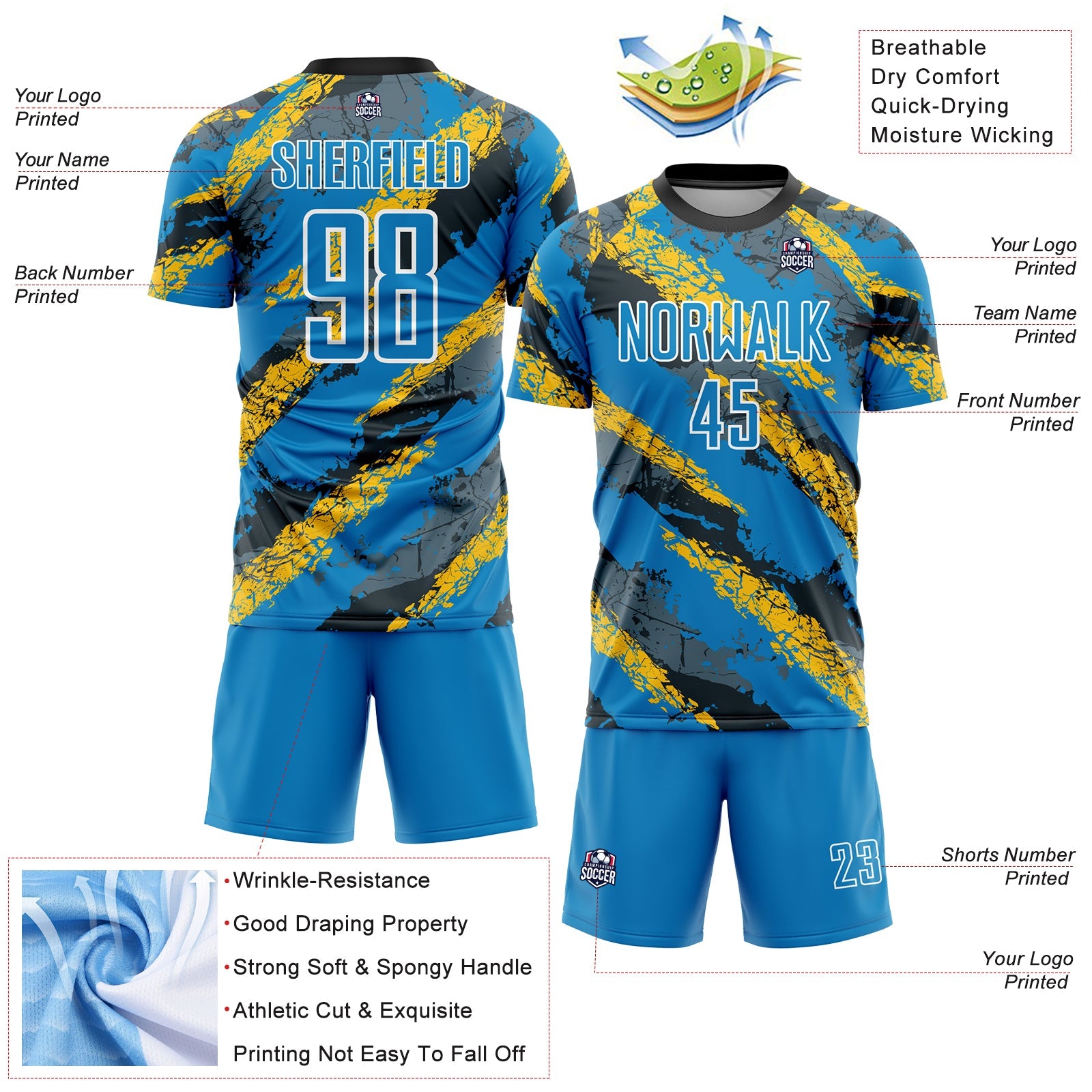 Custom Powder Blue Yellow-White Sublimation Soccer Uniform Jersey - Sky-Custom