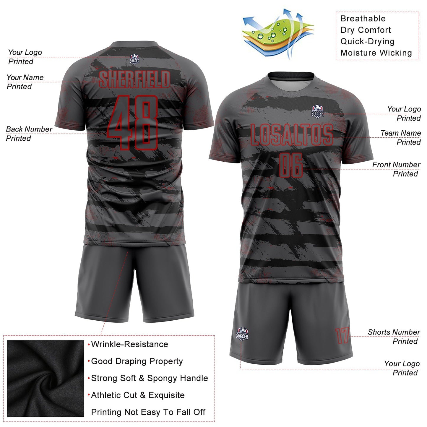 Custom Steel Gray Red Sublimation Soccer Uniform Jersey - Sky-Custom
