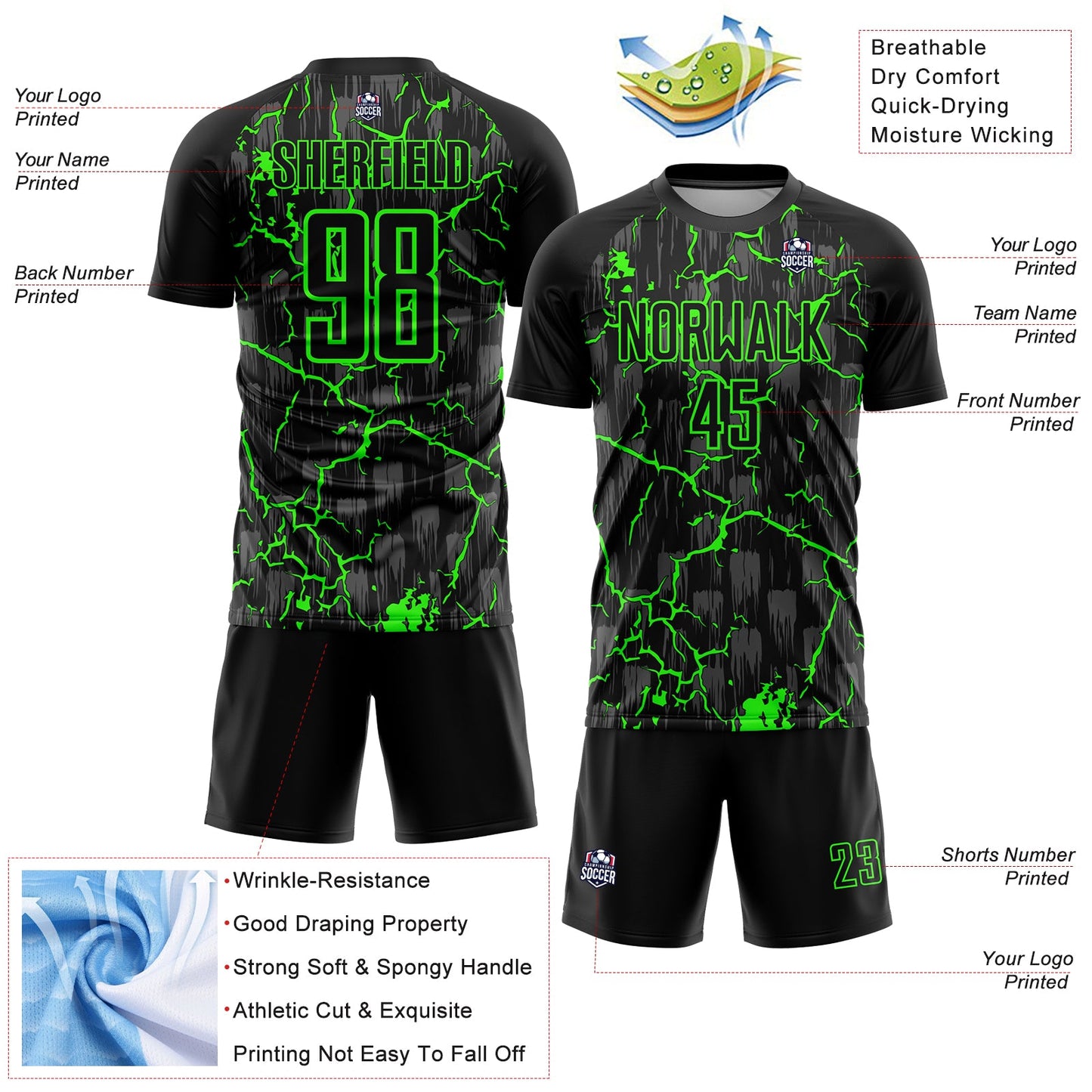 Custom Black Neon Green Lightning Sublimation Soccer Uniform Jersey - Sky-Custom