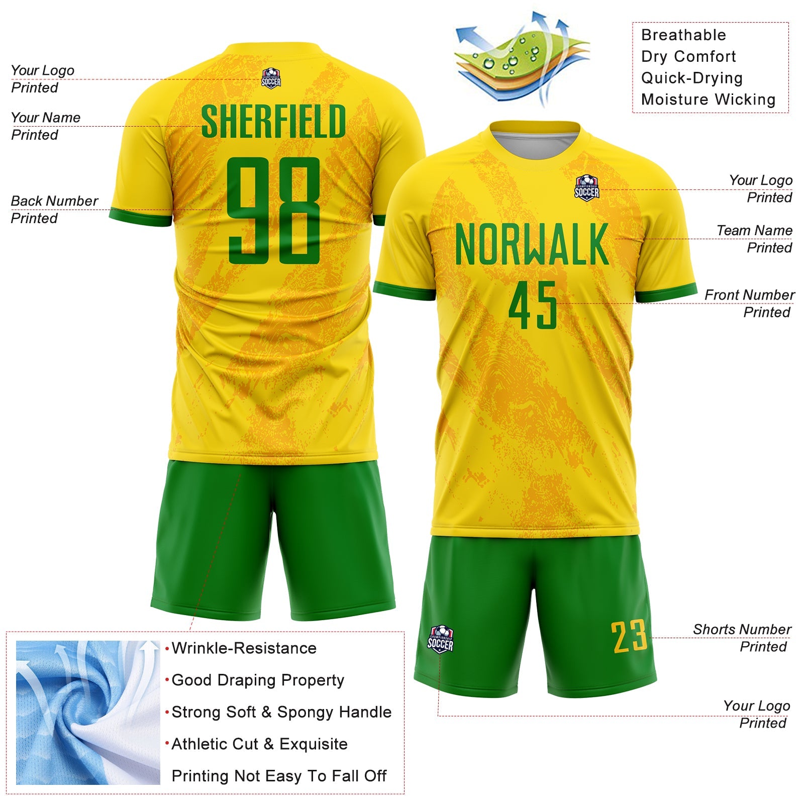 Custom Gold Grass Green Sublimation Soccer Uniform Jersey - Sky-Custom
