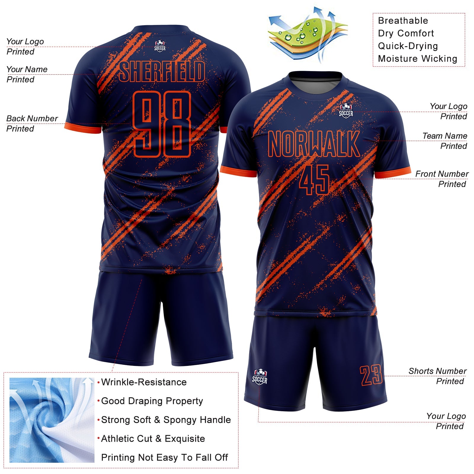 Custom Navy Orange Sublimation Soccer Uniform Jersey - Sky-Custom