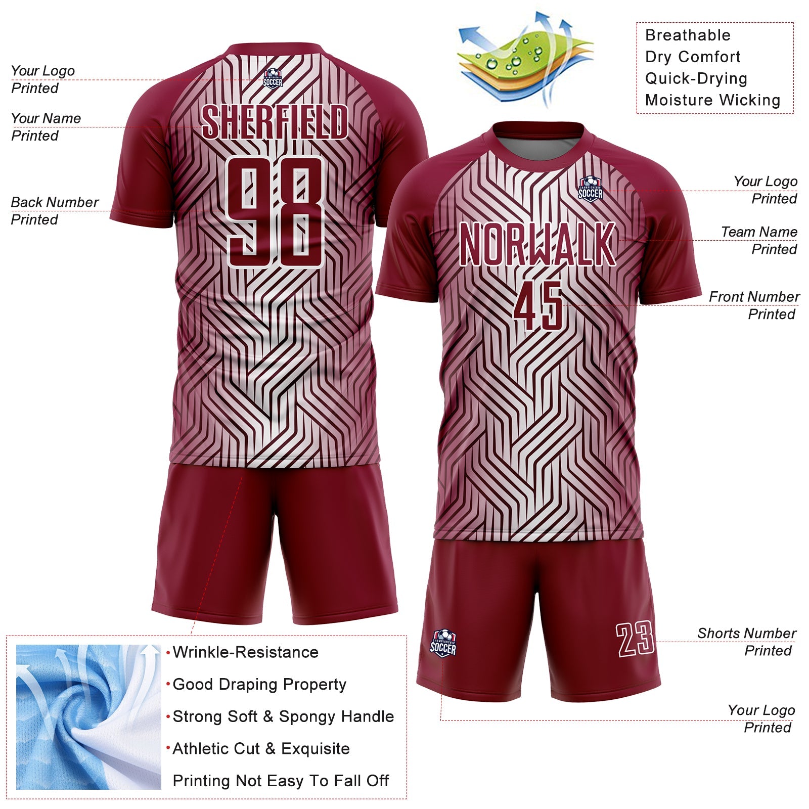 Custom Maroon White Lines Sublimation Soccer Uniform Jersey - Sky-Custom