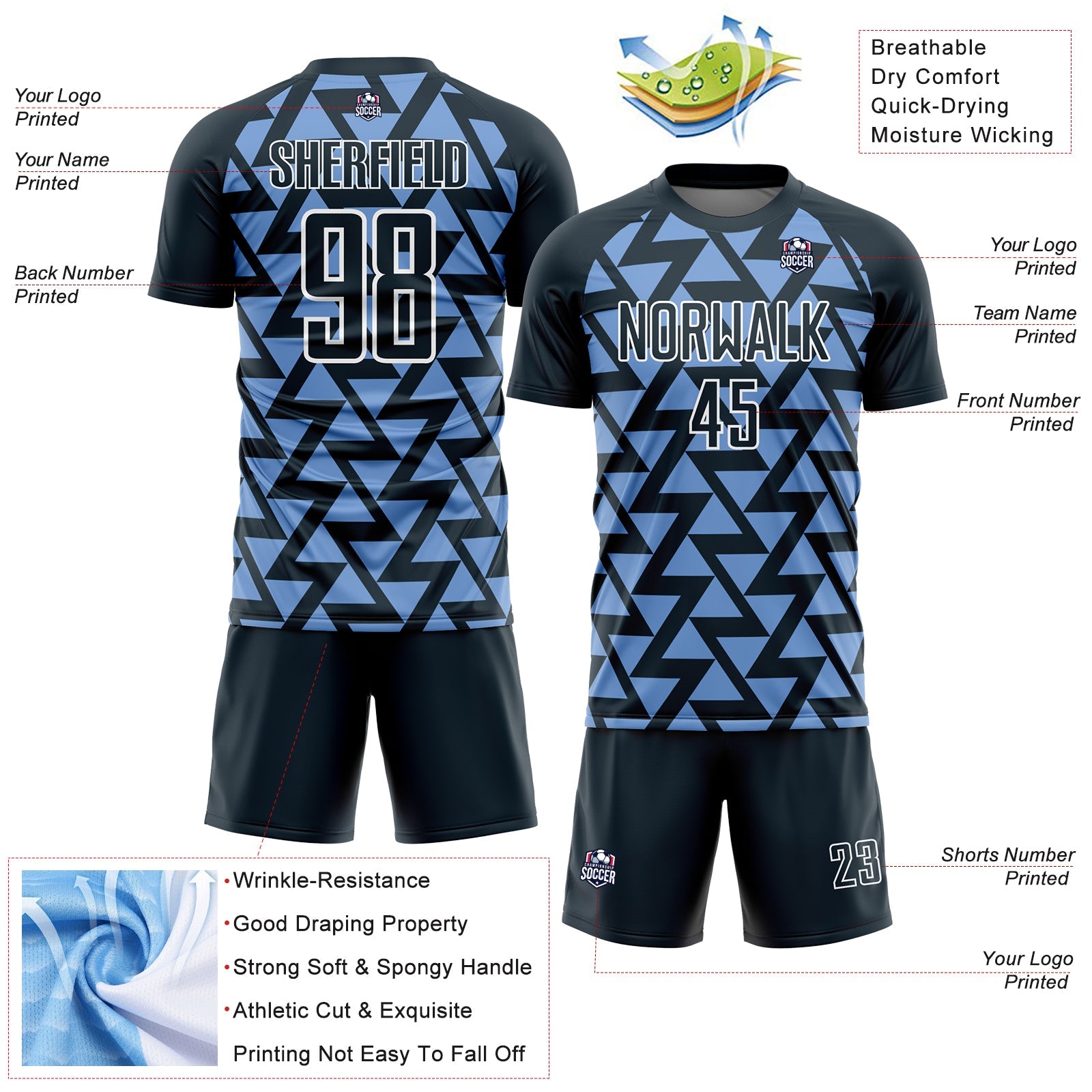 Custom Navy Light Blue-White Abstract Geometric Triangles Sublimation Soccer Uniform Jersey - Sky-Custom
