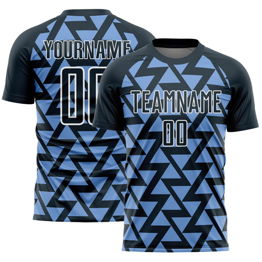 Custom Navy Light Blue-White Abstract Geometric Triangles Sublimation Soccer Uniform Jersey - Sky-Custom
