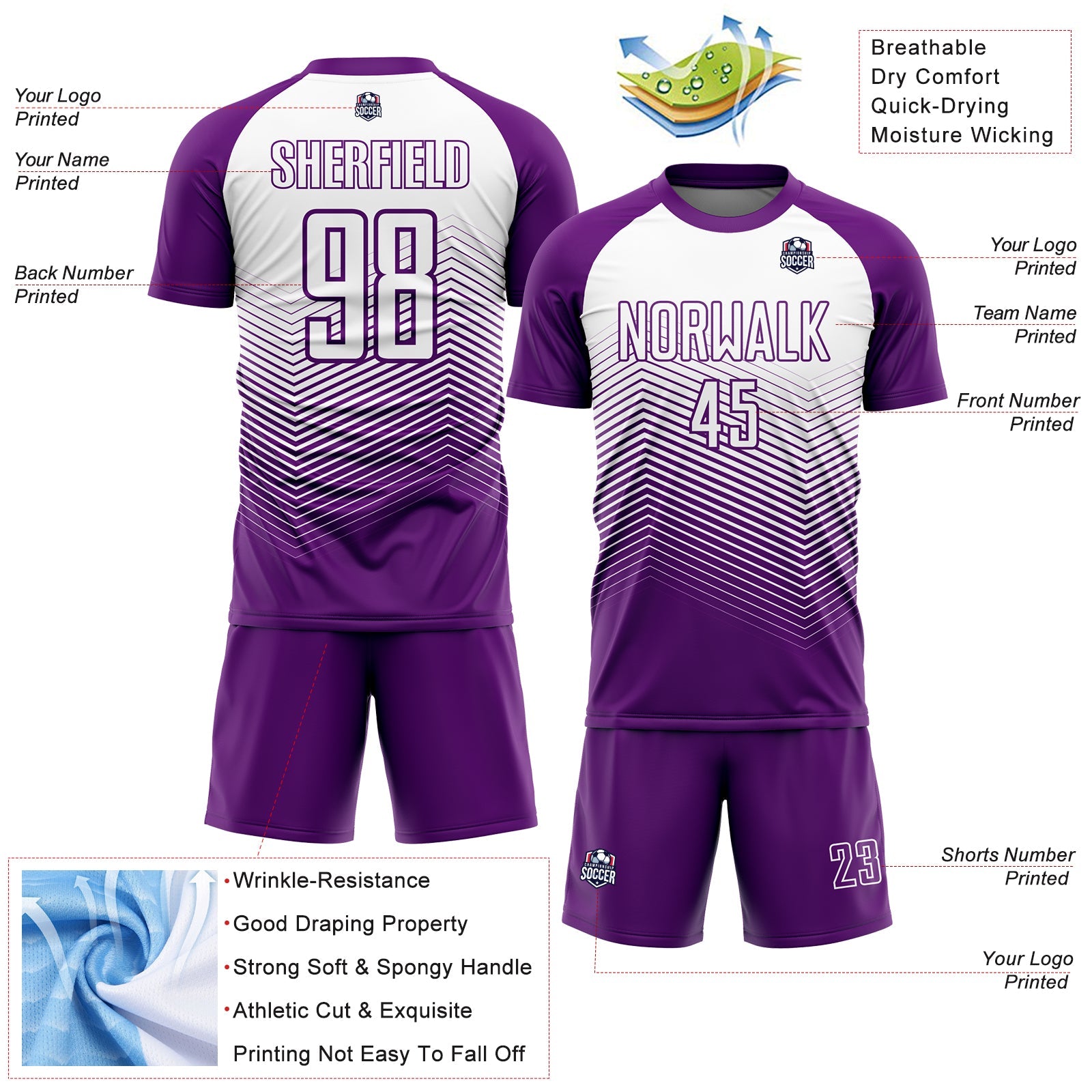 Custom Purple White Abstract Geometric Triangles Sublimation Soccer Uniform Jersey - Sky-Custom