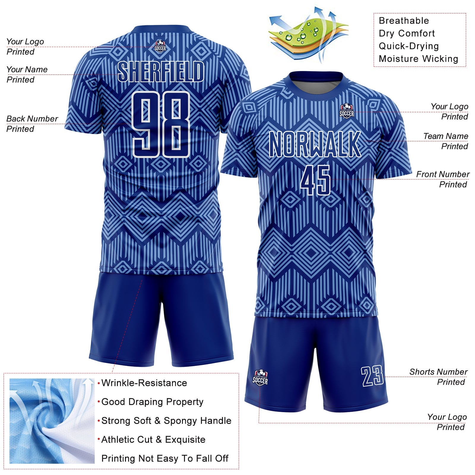 Custom Royal Light Blue-White Abstract Geometric Shapes Sublimation Soccer Uniform Jersey - Sky-Custom