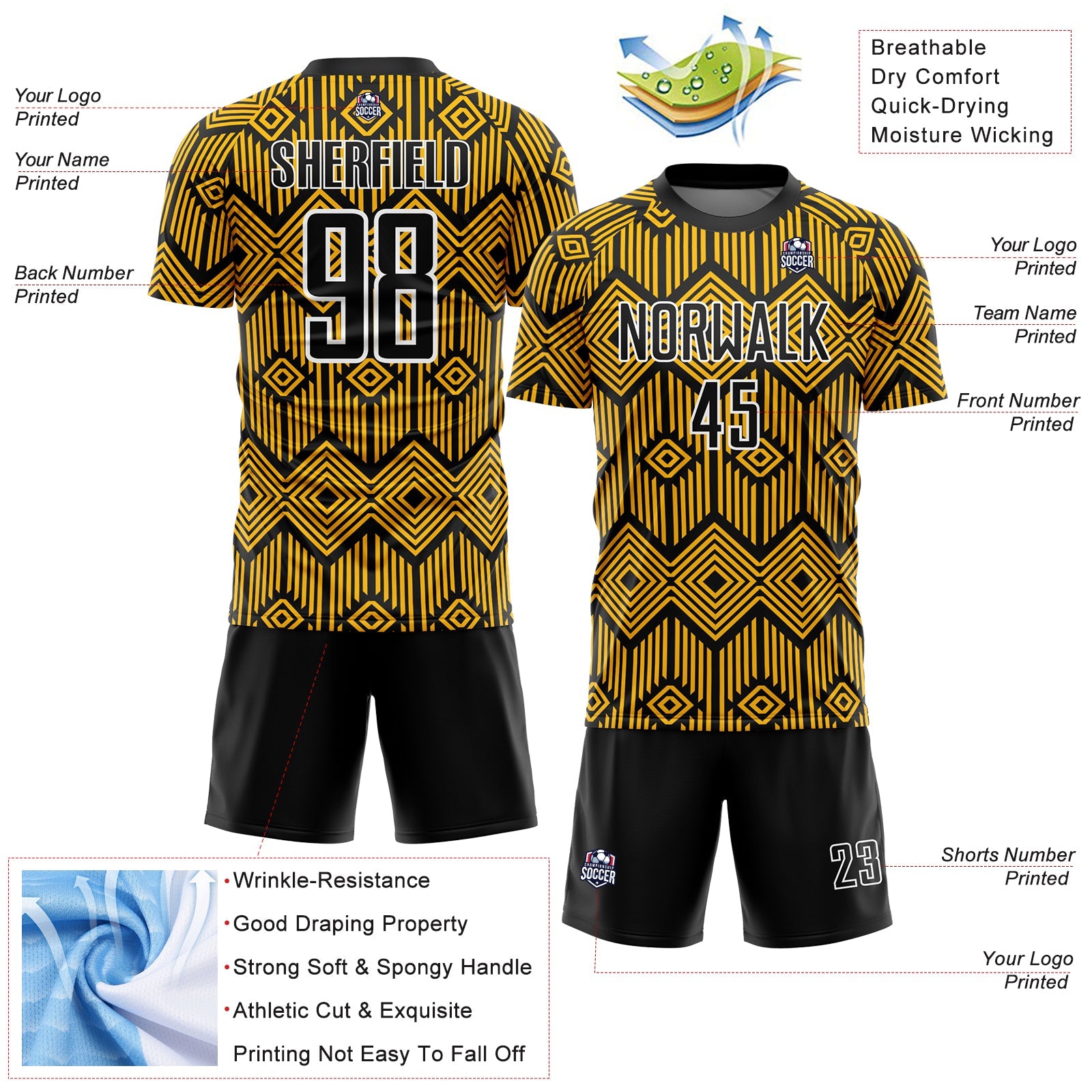 Custom Gold Black-White Abstract Geometric Shapes Sublimation Soccer Uniform Jersey - Sky-Custom