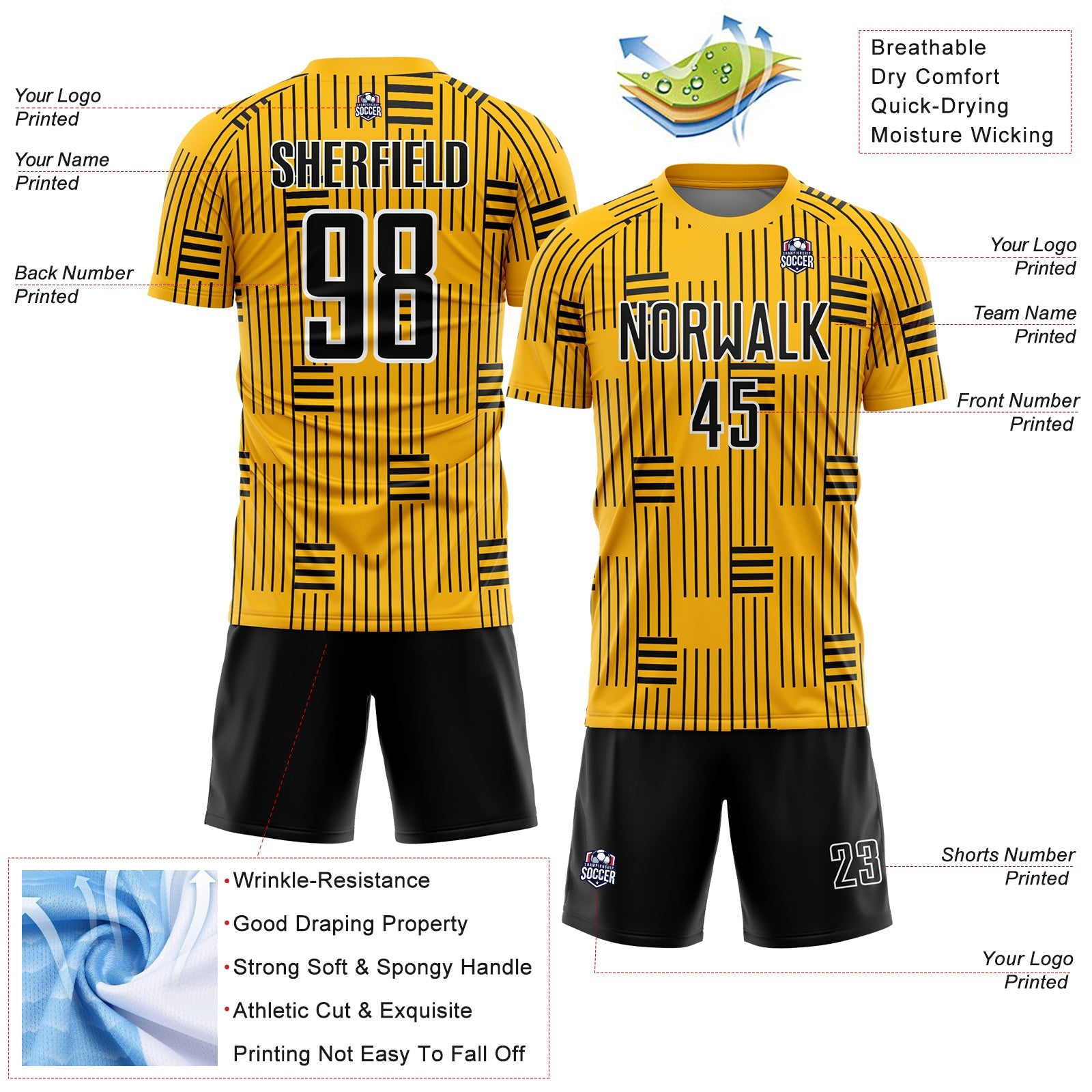 Custom Gold Black-White Lines Sublimation Soccer Uniform Jersey - Sky-Custom