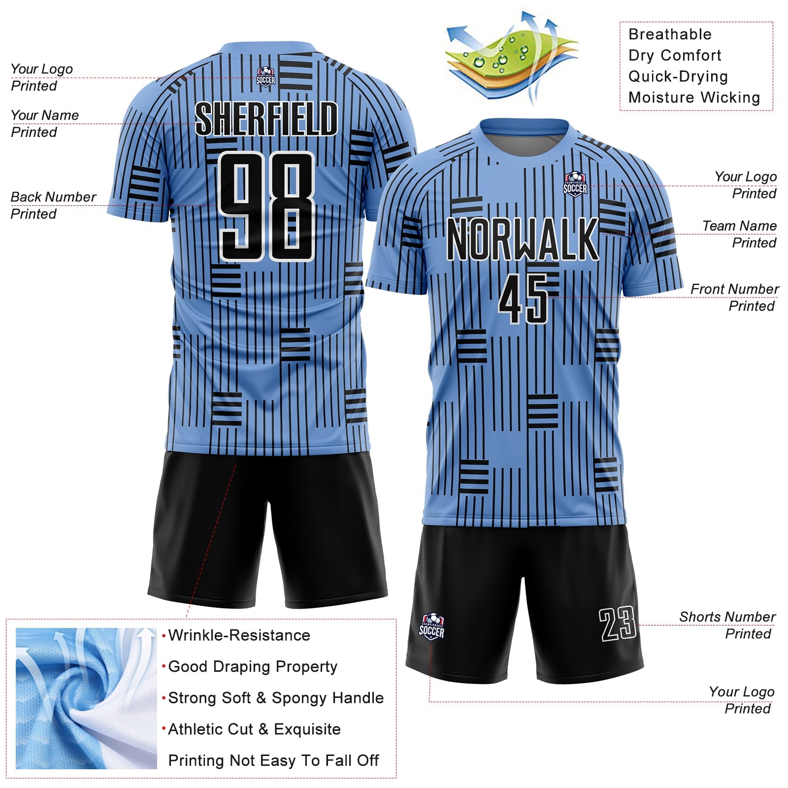 Custom Light Blue Black-White Lines Sublimation Soccer Uniform Jersey - Sky-Custom