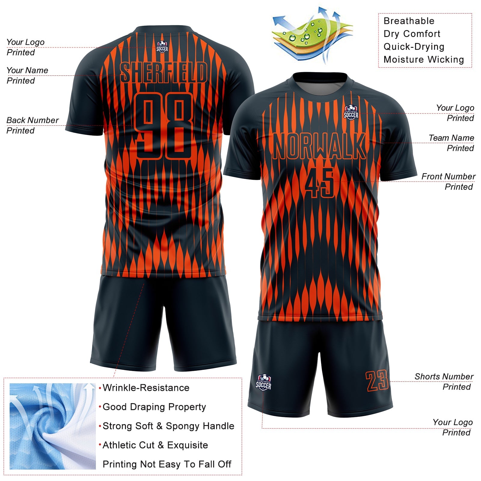 Custom Navy Orange Abstract Triangle Sublimation Soccer Uniform Jersey - Sky-Custom
