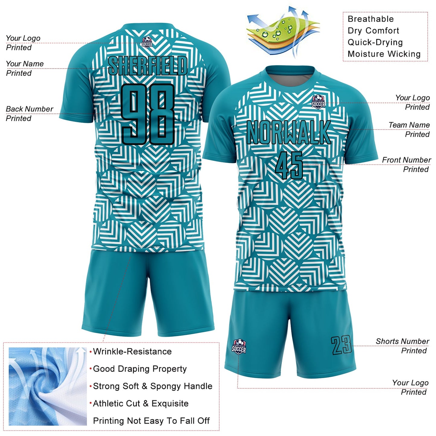 Custom Teal Black Abstract Geometric Shapes Sublimation Soccer Uniform Jersey - Sky-Custom