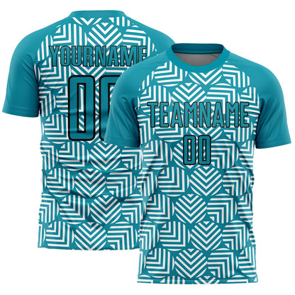 Custom Teal Black Abstract Geometric Shapes Sublimation Soccer Uniform Jersey - Sky-Custom