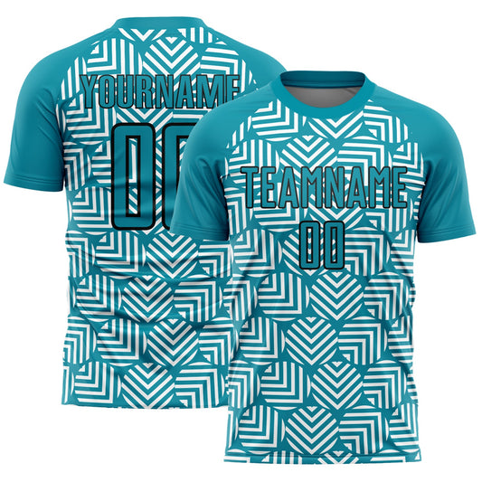 Custom Teal Black Abstract Geometric Shapes Sublimation Soccer Uniform Jersey - Sky-Custom