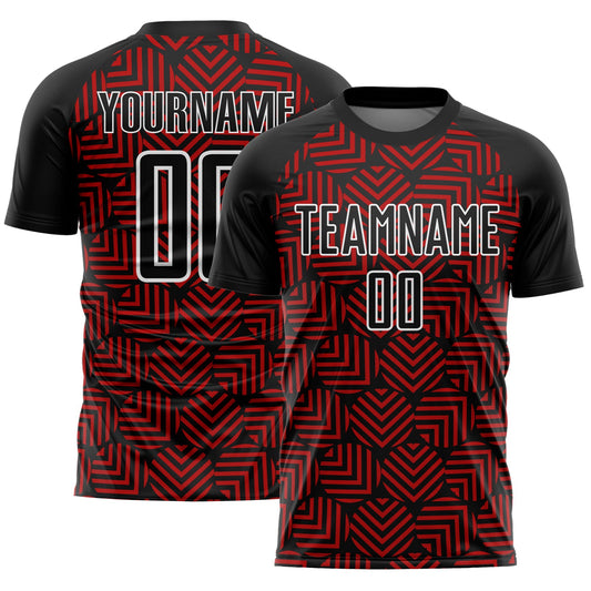 Custom Black Red-White Abstract Geometric Shapes Sublimation Soccer Uniform Jersey - Sky-Custom