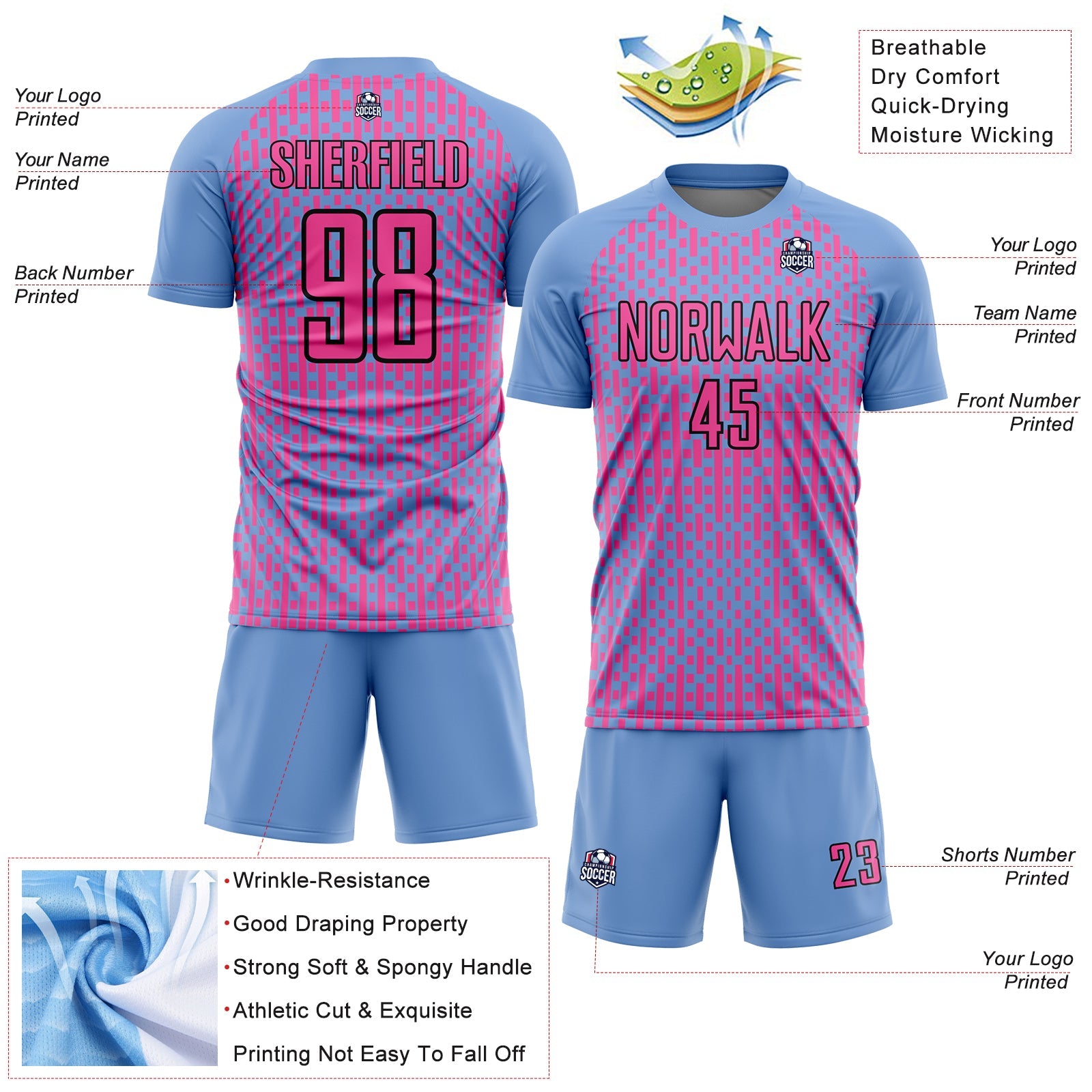 Custom Light Blue Pink-Black Abstract Geometric Shapes Sublimation Soccer Uniform Jersey - Sky-Custom