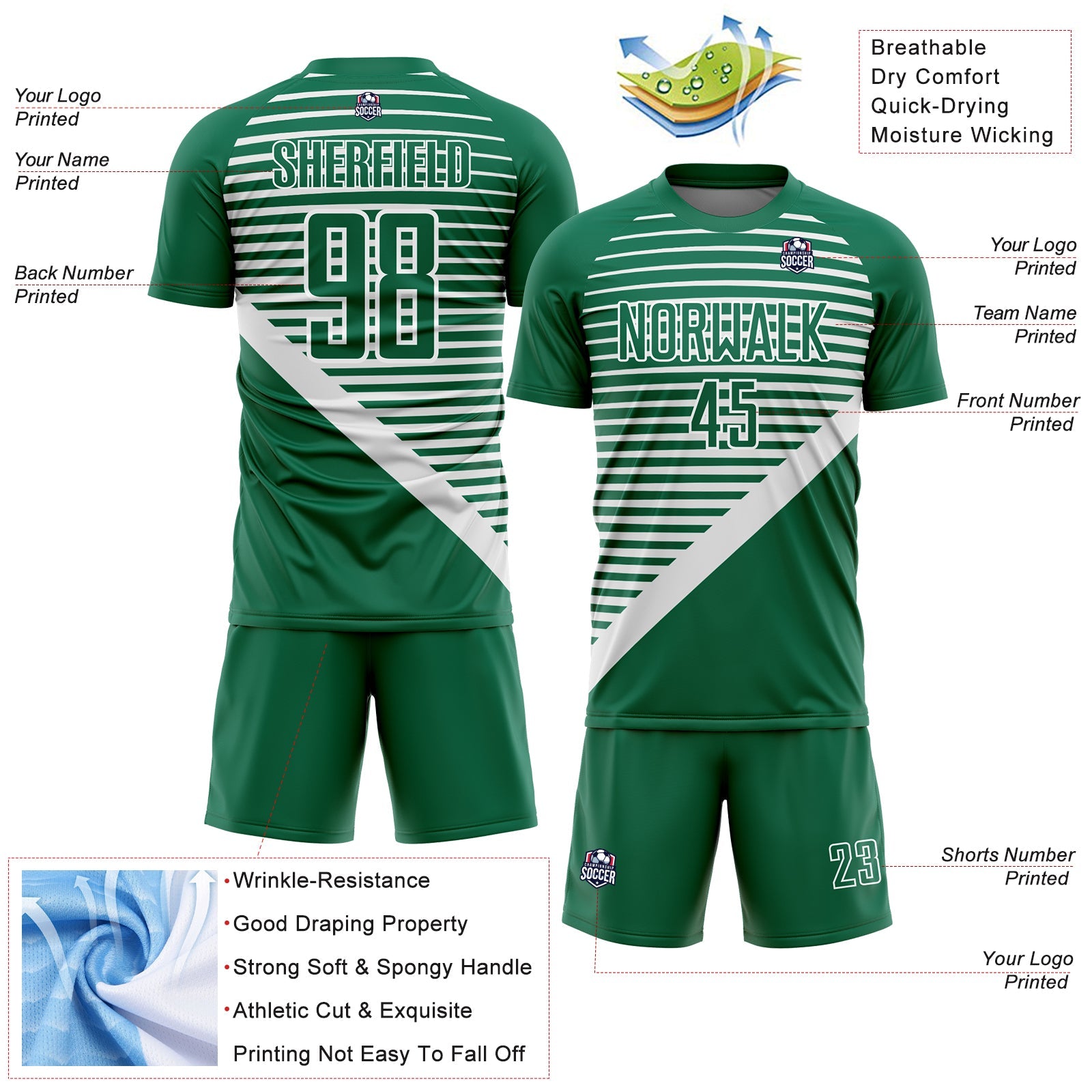 Custom Kelly Green White Stripes Sublimation Soccer Uniform Jersey - Sky-Custom
