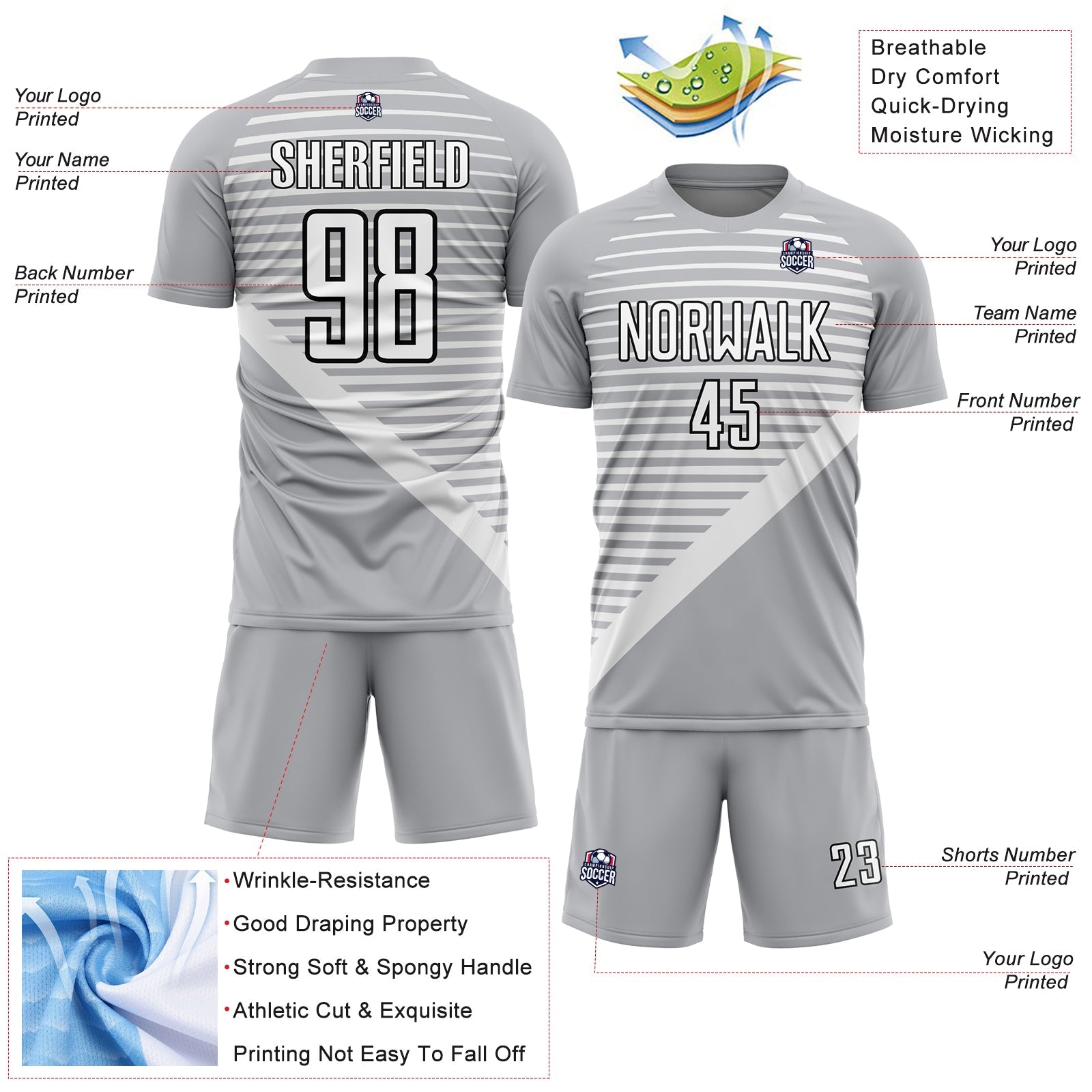 Custom Gray White-Black Stripes Sublimation Soccer Uniform Jersey - Sky-Custom