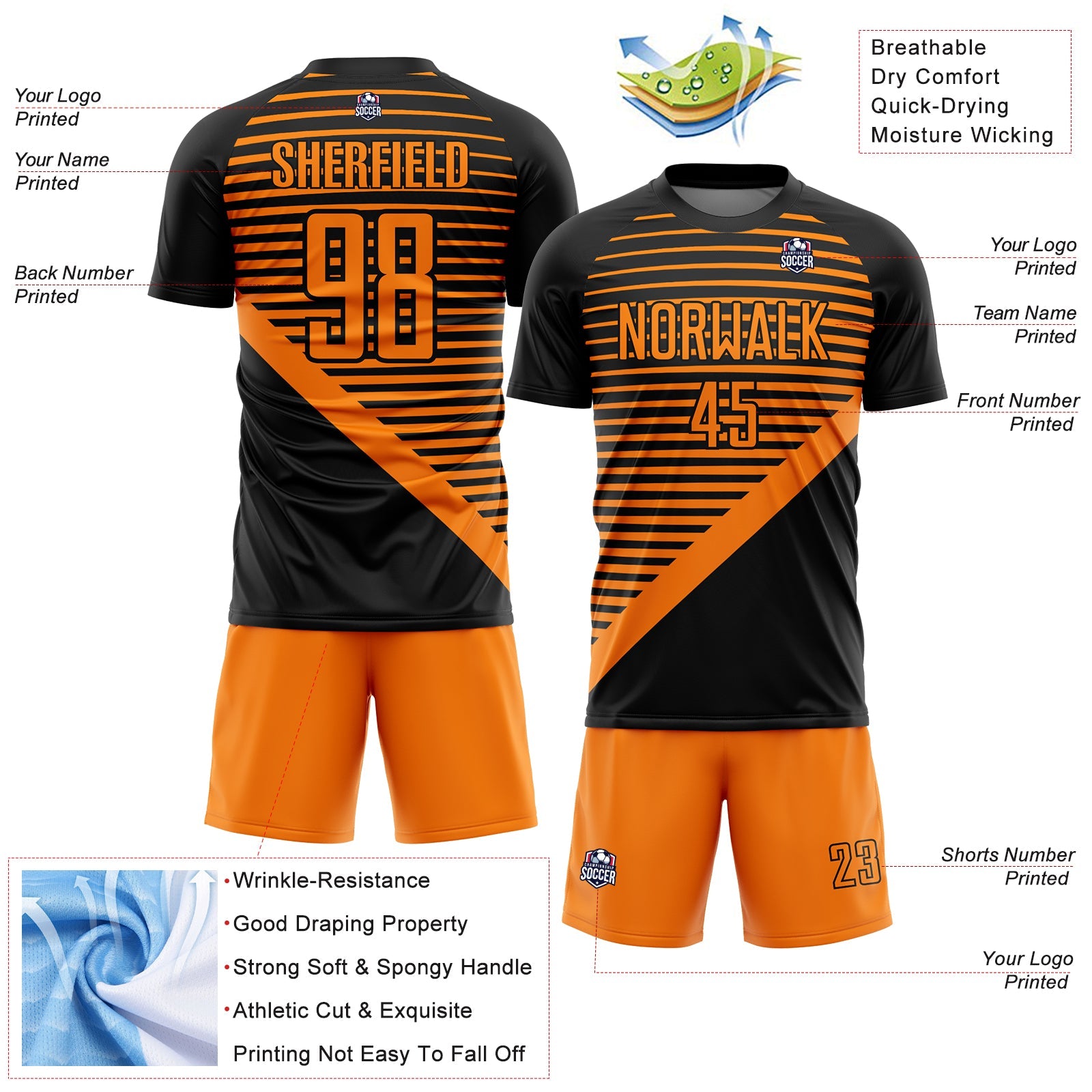 Custom Black Bay Orange Stripes Sublimation Soccer Uniform Jersey - Sky-Custom