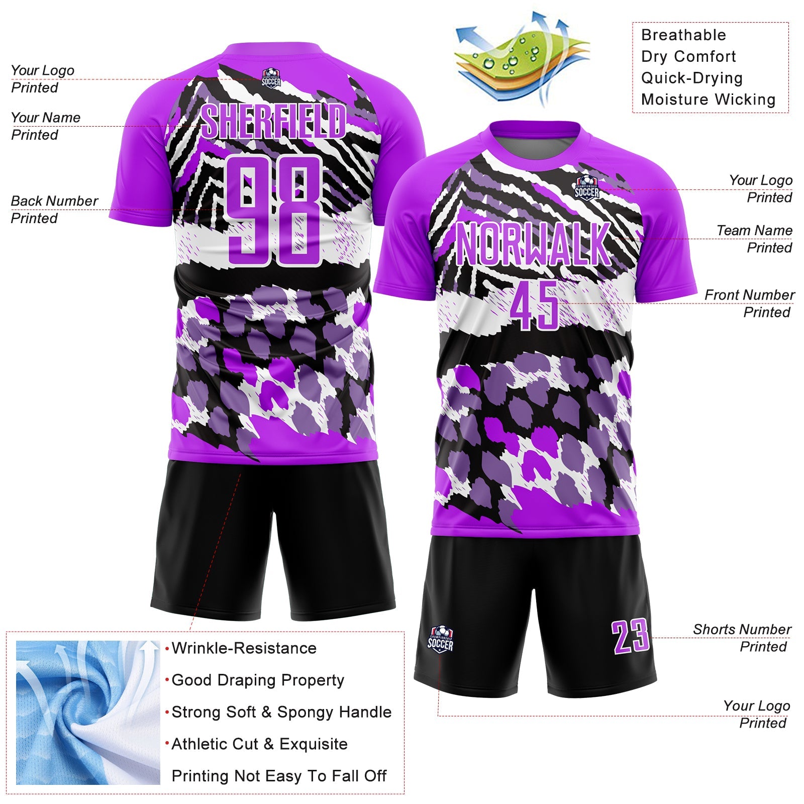 Custom Purple Black-White Animal Print Sublimation Soccer Uniform Jersey - Sky-Custom