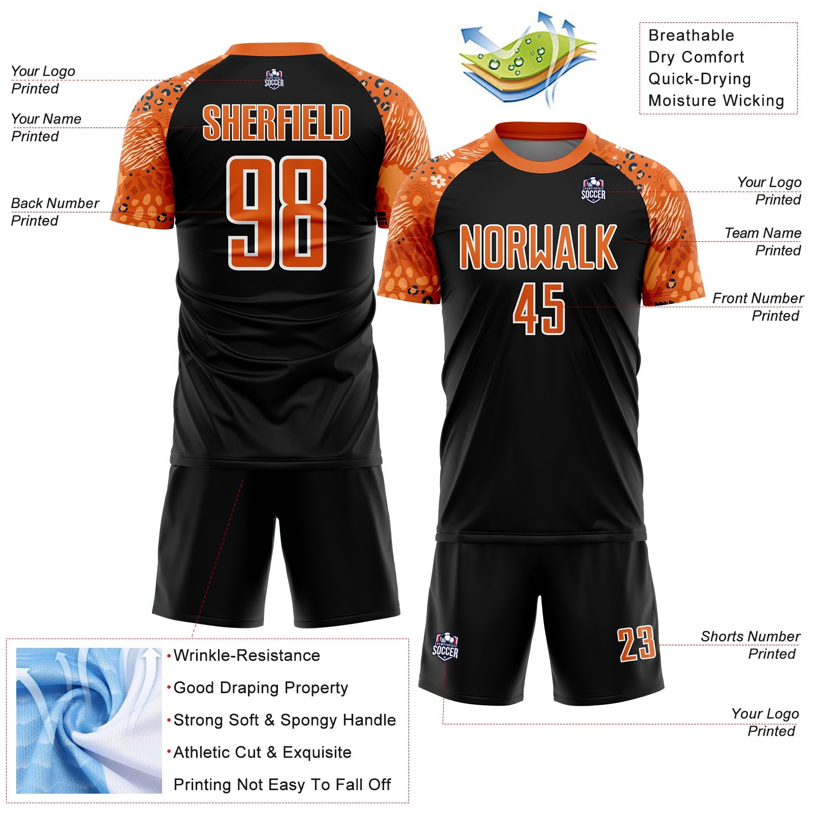 Custom Black Bay Orange-White African Pattern Sublimation Soccer Uniform Jersey - Sky-Custom