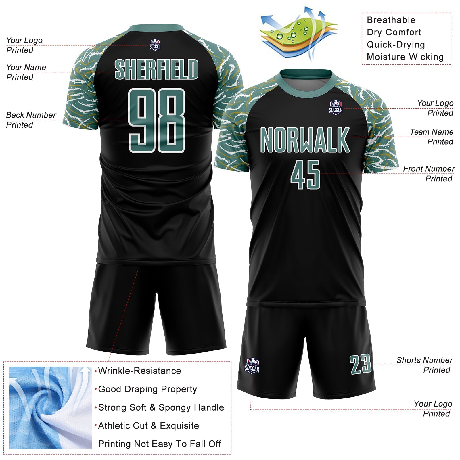 Custom Black Midnight Green-White Curved And Wavy Lines Sublimation Soccer Uniform Jersey - Sky-Custom